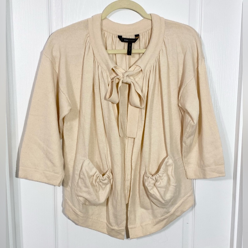 BCBGMaxAzria Merino Wool CASHMERE Tie Neck Cardigan Sweater Cream Size Medium